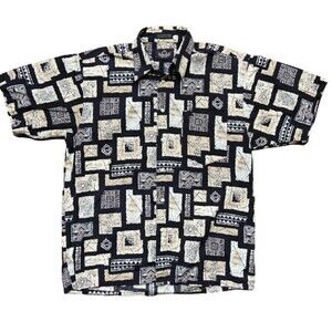 Perruzo Vintage Abstract 90s Black Cream Button Down Cotton Shirt Men's Medium